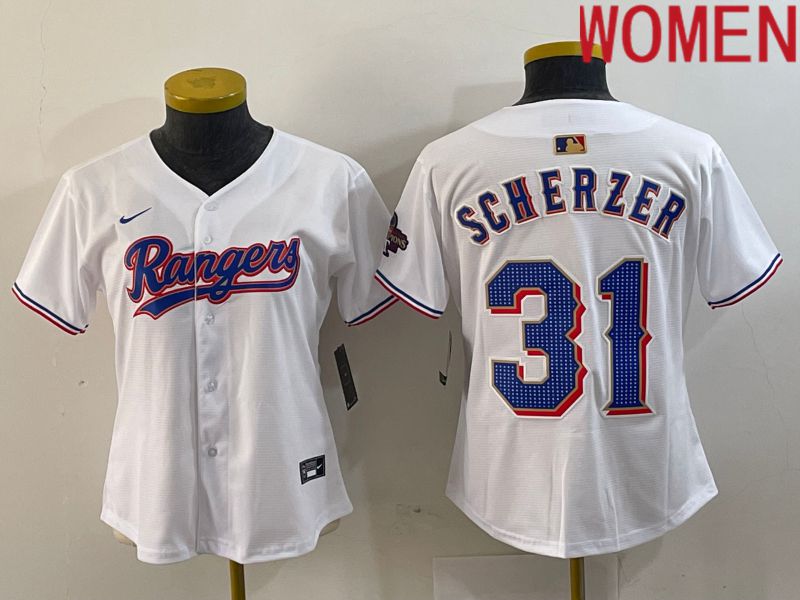Women Texas Rangers #31 Scherzer White Champion Game Nike 2024 MLB Jersey style 1
